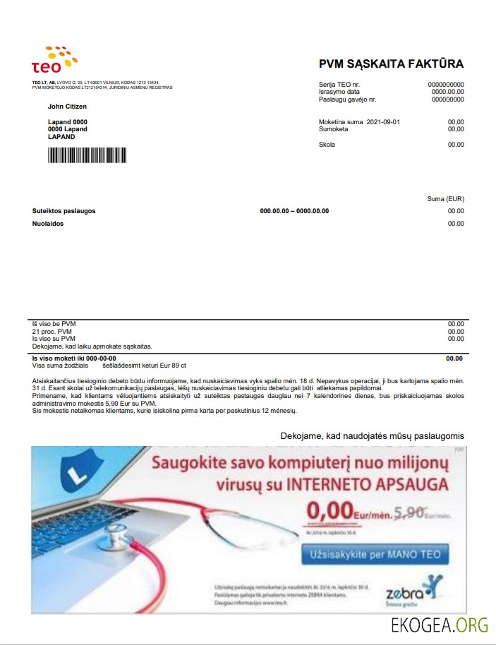 Lithuania Teo utility bill template in Word and PDF format (.doc and .pdf)